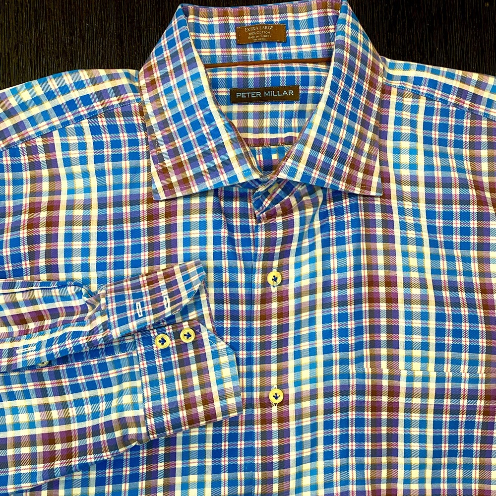 Peter Millar Blue and Red Plaid Dress Shirt